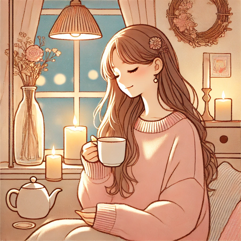 Eye-catching image for 'ISFJ女子のための心がほっとするケア法': A cozy, calming illustration of a young woman in a relaxed, serene setting with warm, soothing elements like a cup of tea, gentle lighting, or soft pastel colors. The atmosphere should convey comfort, relaxation, and self-care, appealing to young women in their teens and twenties.