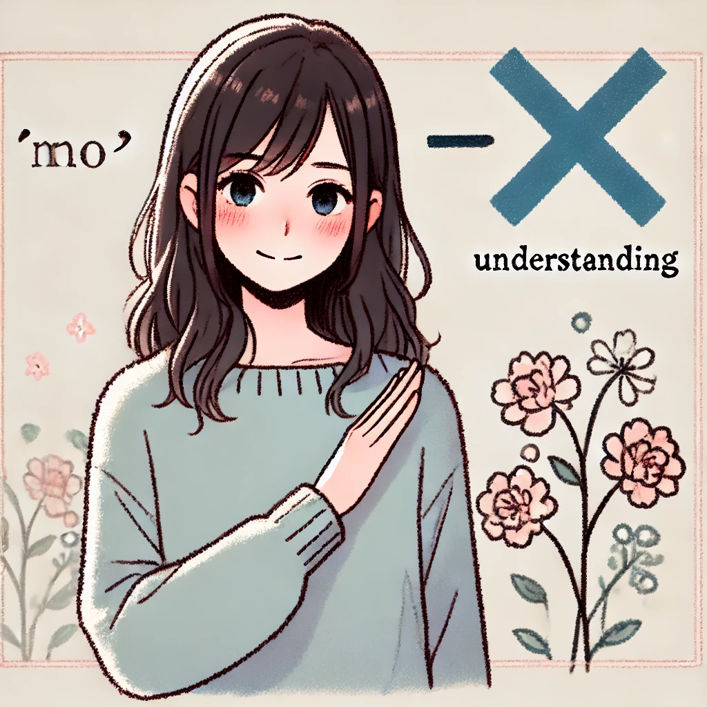 Illustration for '優しさを忘れず、でも「NO」と言う練習も大切に': a friendly scene of a young woman gently but assertively expressing boundaries, with soft, understanding expressions. The background could include calm tones or subtle flowers, symbolizing kindness and self-respect. Style should be approachable and cozy, appealing to young women in their teens and twenties.