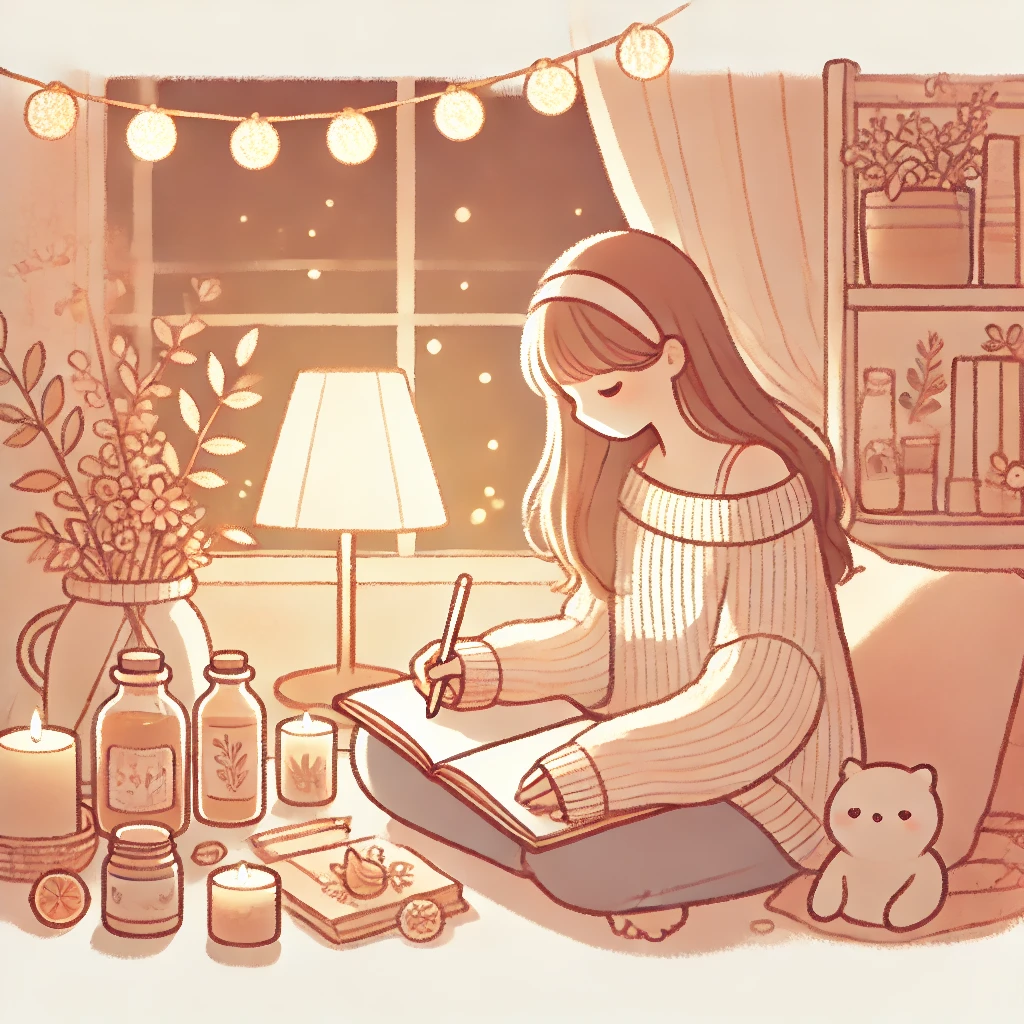 Illustration for '日記やメモで気持ちを整理する': a cozy scene of a young woman writing in a journal or notebook, surrounded by warm light, soft pastels, and calming objects. The atmosphere should feel reflective and peaceful, designed to appeal to young women in their teens and twenties.