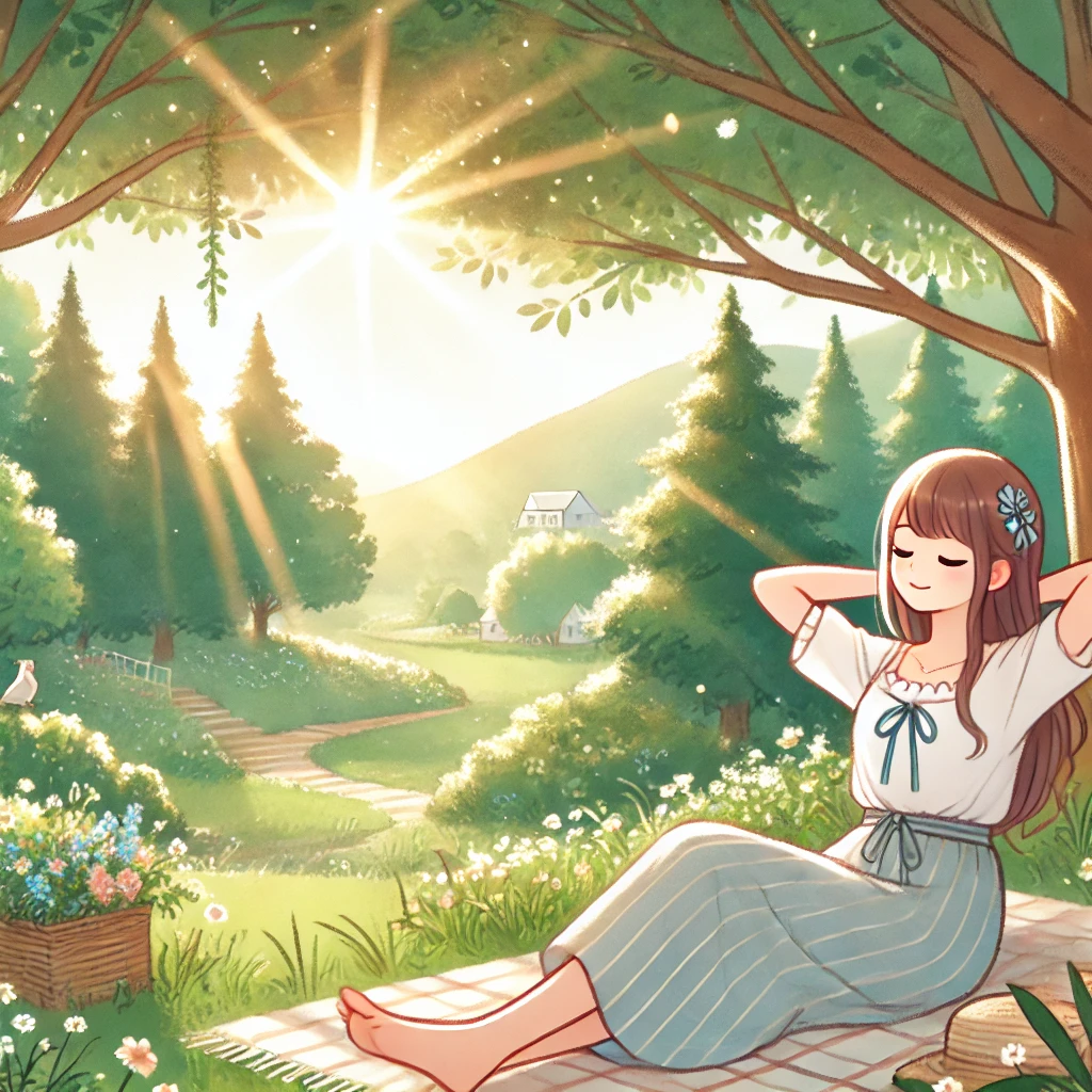 Illustration for '自然の中でリフレッシュする': a peaceful scene of a young woman enjoying nature, surrounded by trees, gentle sunlight, and a serene outdoor setting. The atmosphere should convey relaxation and calm, appealing to young women in their teens and twenties.